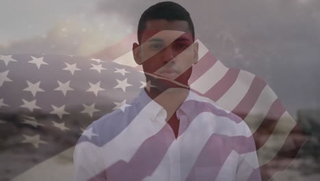 Animation-of-biracial-man-by-sea-over-flag-of-usa