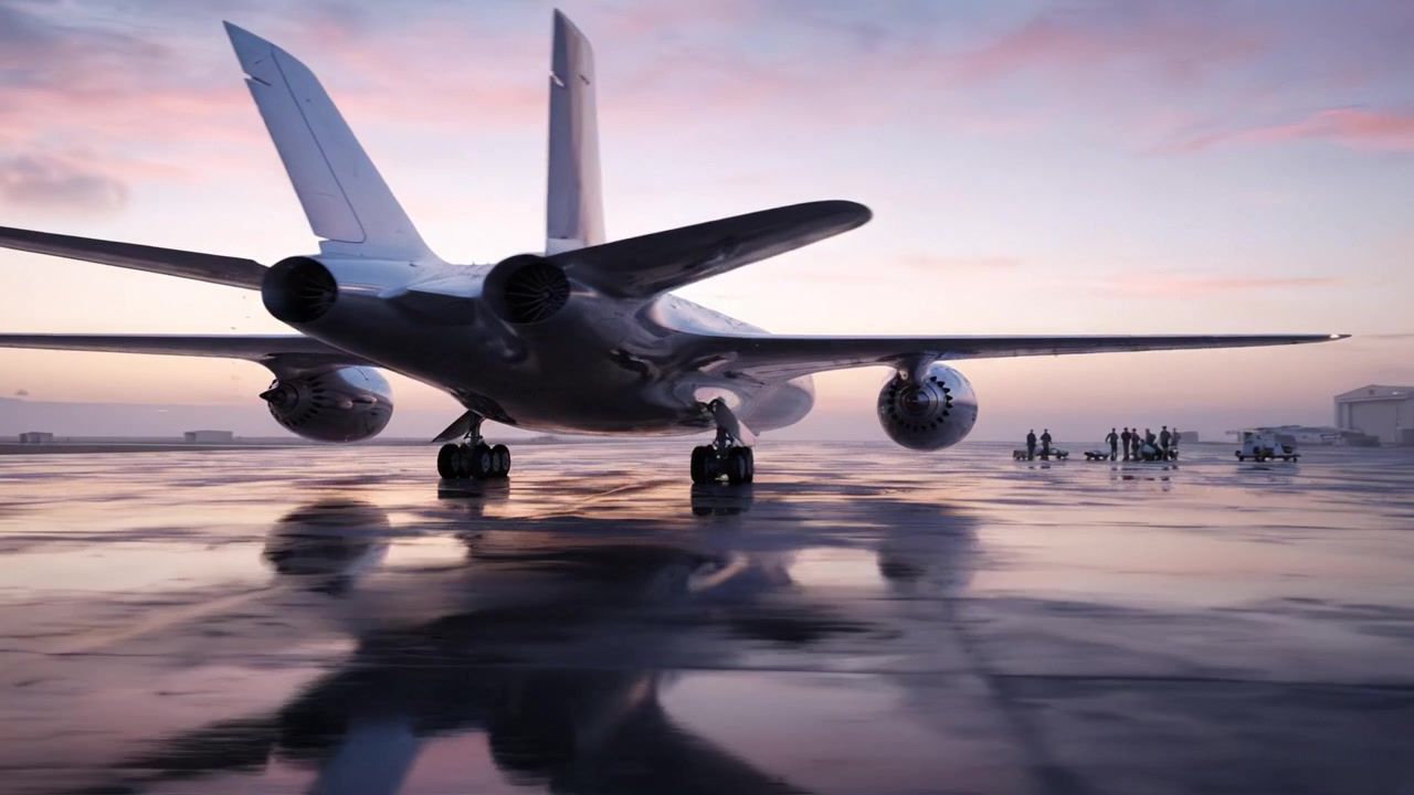 Reflexos Deslumbrantes de Jatos ao Amanhecer: Capturando a Elegância e o Poder da Aviação Moderna em uma Pista Molhada Sob um Belo Céu Matinal.