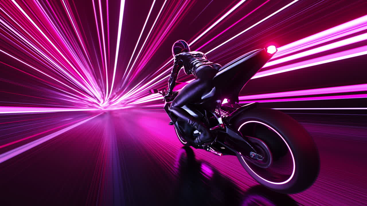 Loop un pilota futuristico sfreccia su una moto al neon attraverso un emozionante tunnel di luce avventuroso