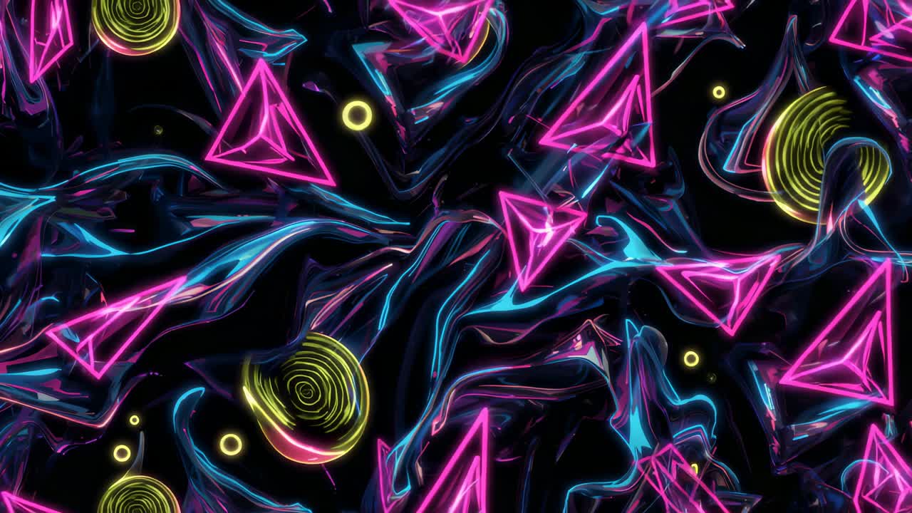 Prismi magenta emergenti dalla deriva perimetrale con dischi gialli e nastri blu nel vuoto, in loop