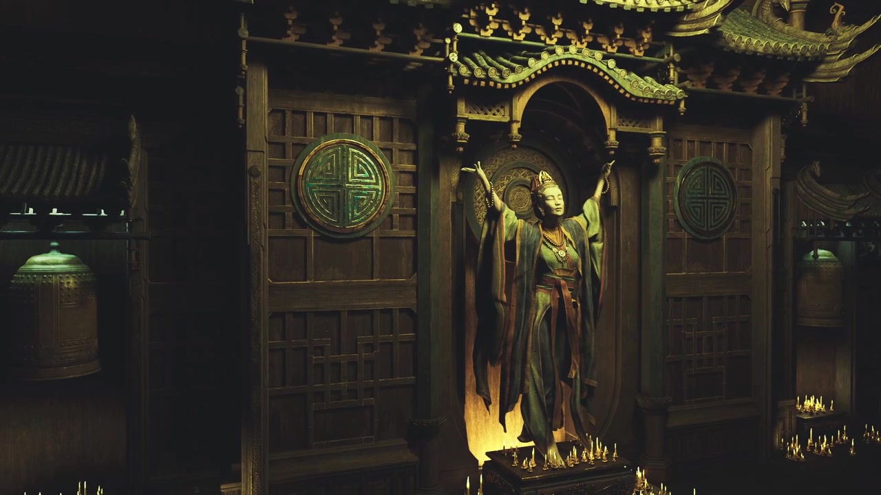 Tranquil holy chamber bathed in warm amber glow and flickering candles