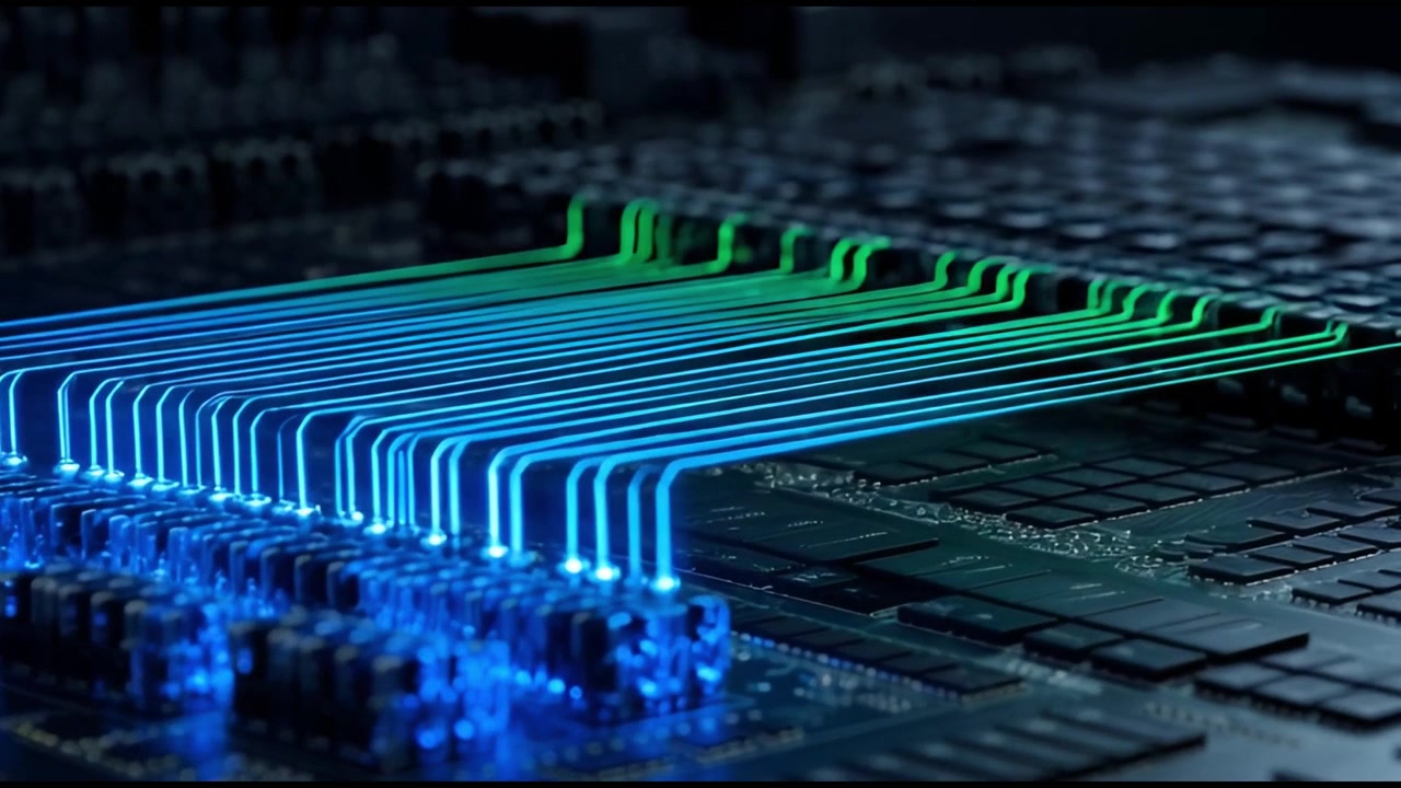 Digital Data Flow Across a High-Tech Circuit Board