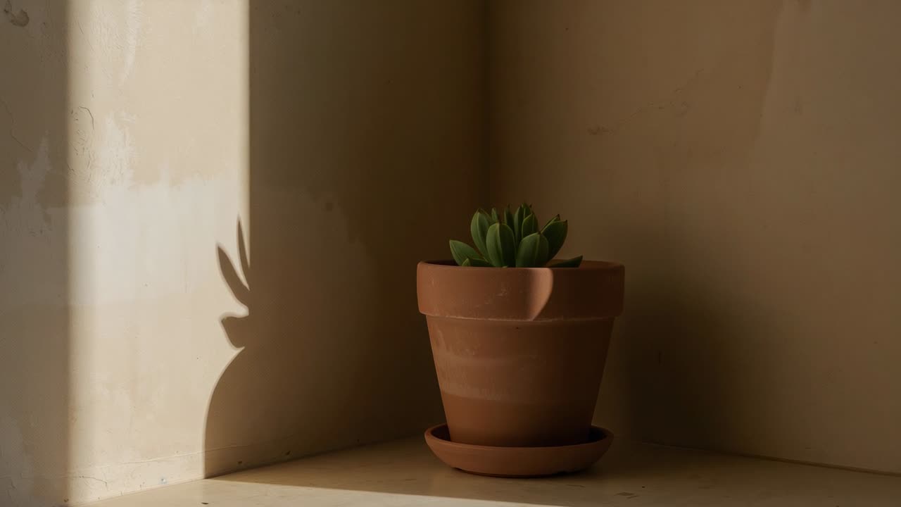 Luce solare mutevole che proietta un'ombra che cambia su un vaso di terracotta e una succulenta su uno scaffale, con spazio per il testo.