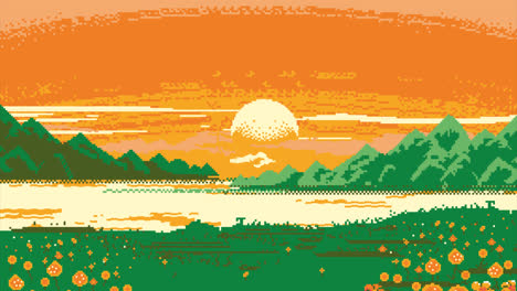 Gráfico-En-Movimiento-De-Fondo-De-Paisaje-Rural-De-Pixel-Art