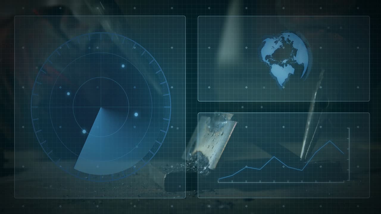 Radar sweep starting while globe rotating, line chart changing as trowel scooping soil for analysis