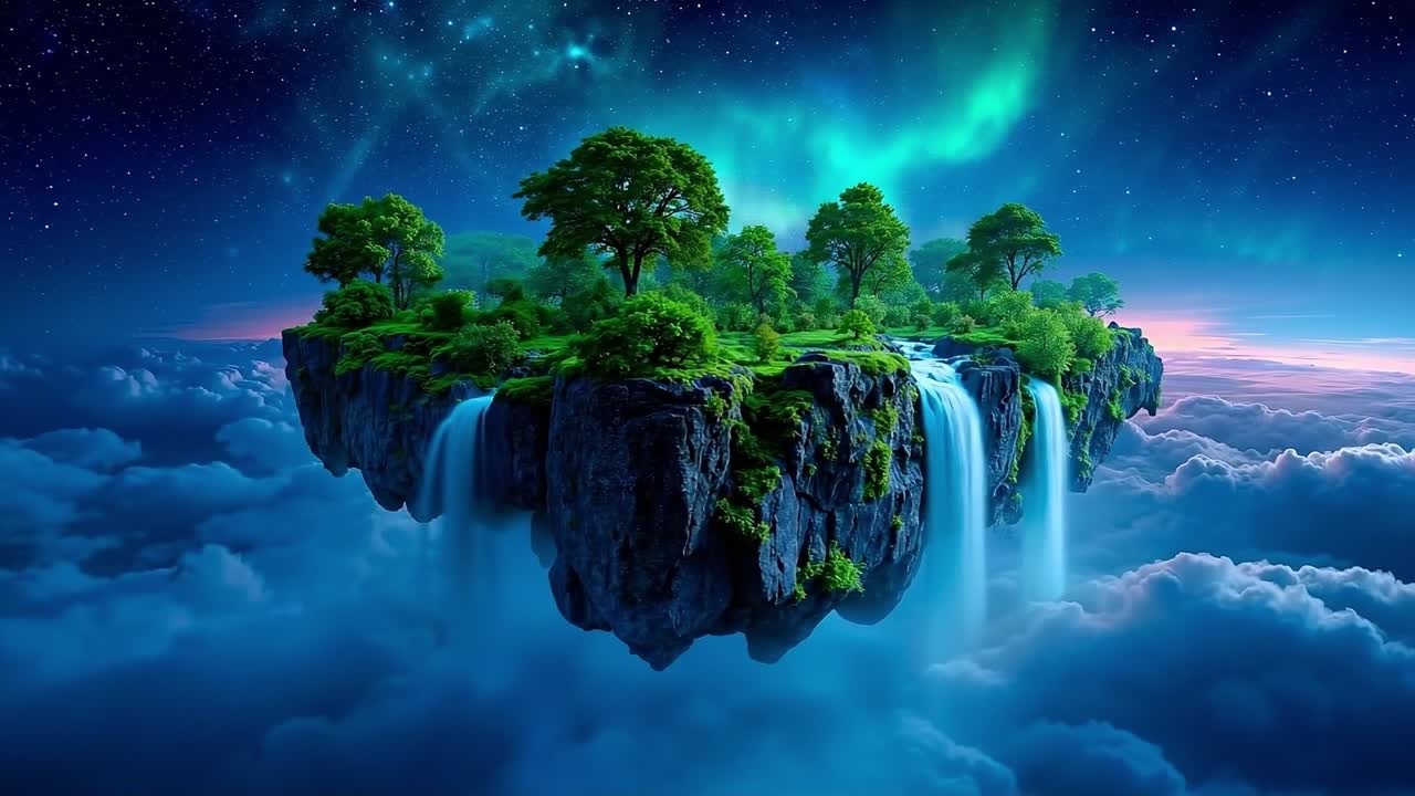 A small island in the middle of a cloudy sky with a waterfall