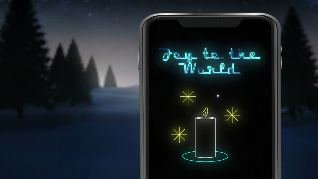 크리스마스의 겨울 풍경 위에서 스마트 폰에서 세계에 대한 기 ⁇ 의 애니메이션 텍스트