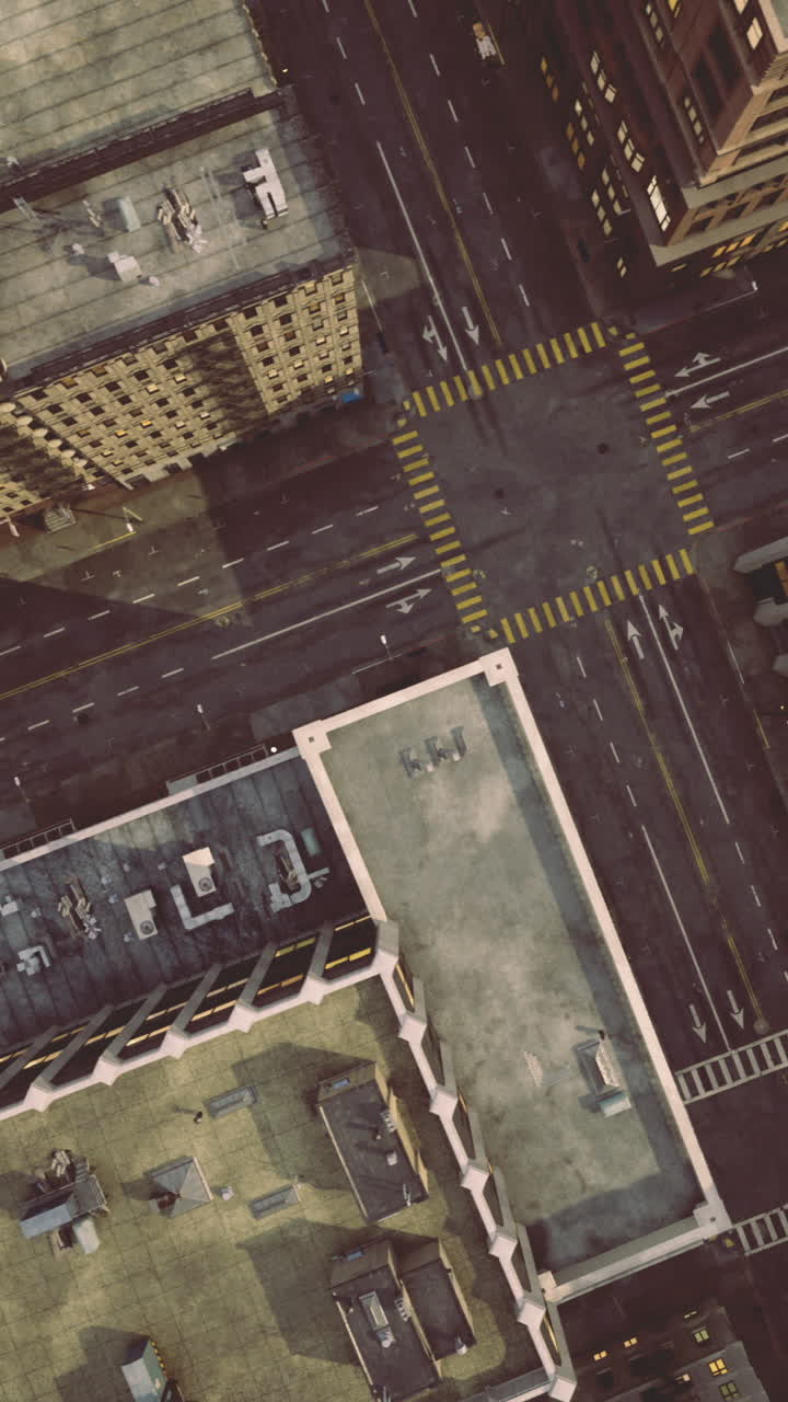 Urban landscape of towering buildings and busy streets captured from above