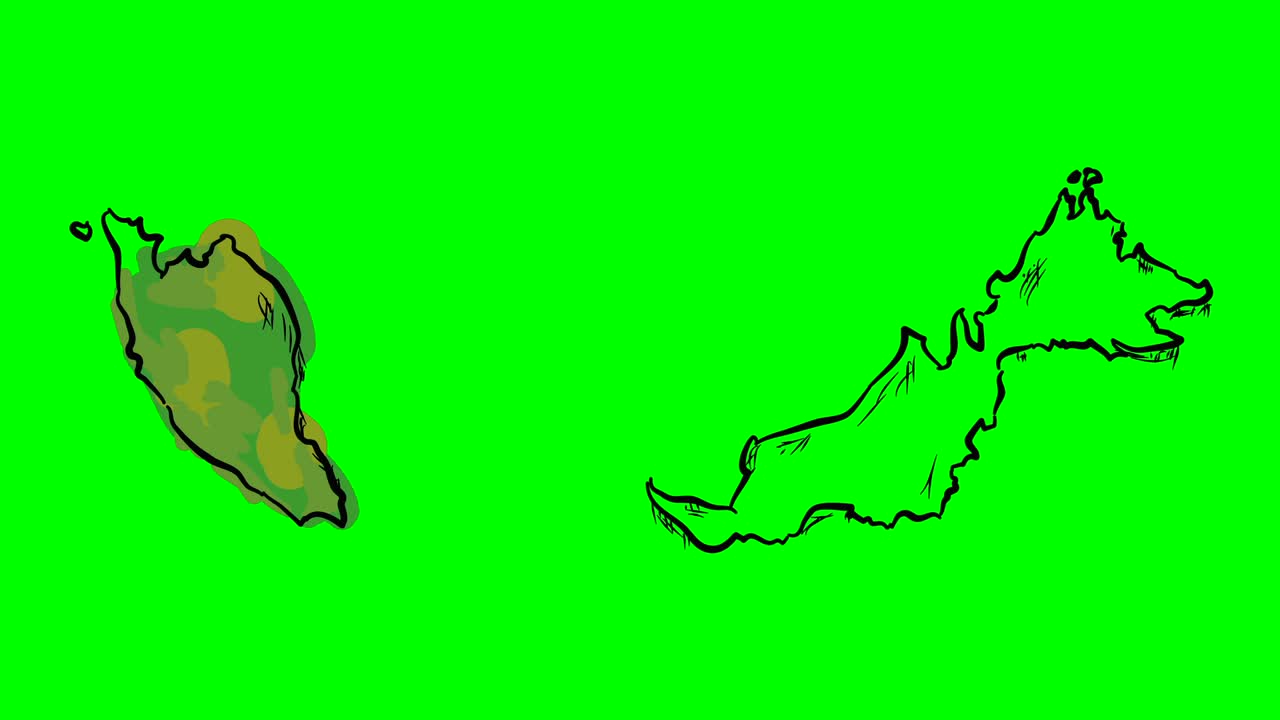 Malaysia drawing colored map on green screen isolated whiteboard