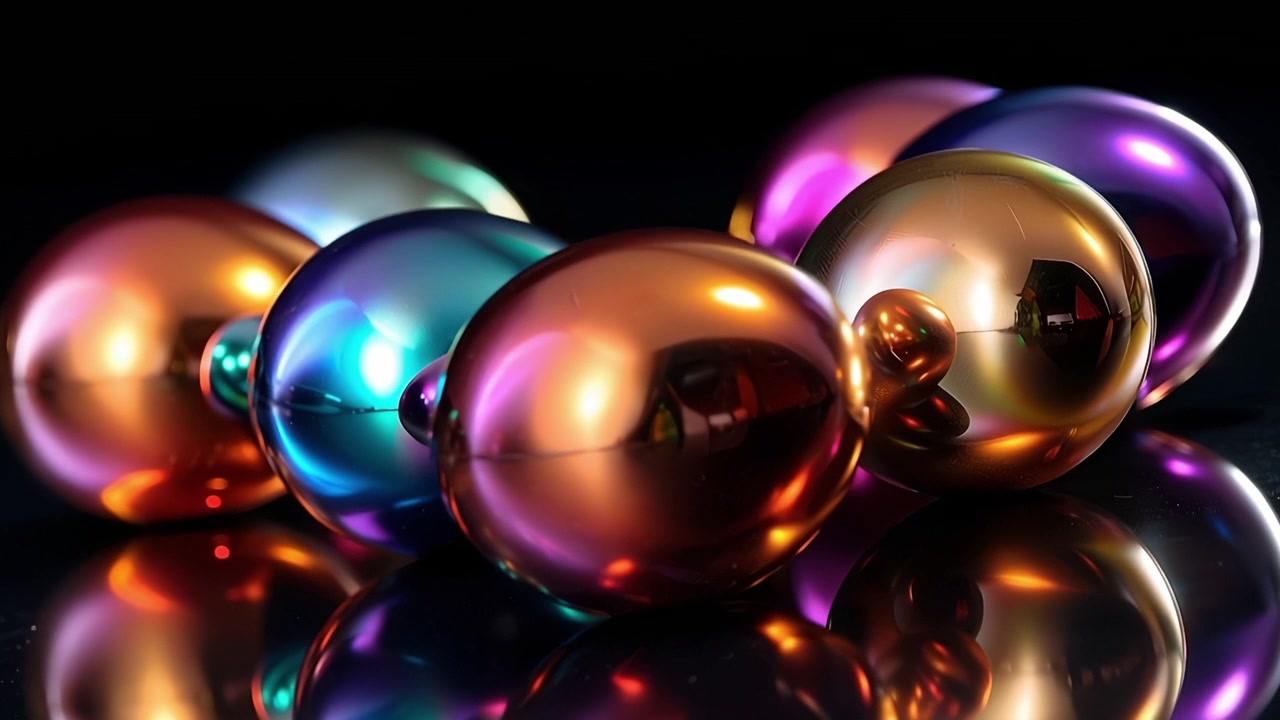 Vivaci sfere metalliche iridiscenti che riflettono la luce su uno sfondo scuro