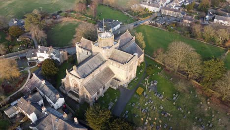 cinematic aerial drone footage of cartmel village and cartmel priory