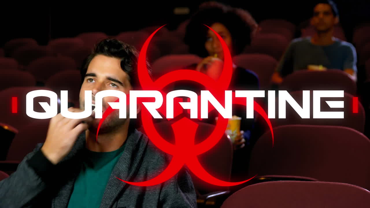 영화관 에서 사람 들 위 에 바이오 해저드 기호 가 있는 코로나 19 텍스트 의 애니메이션