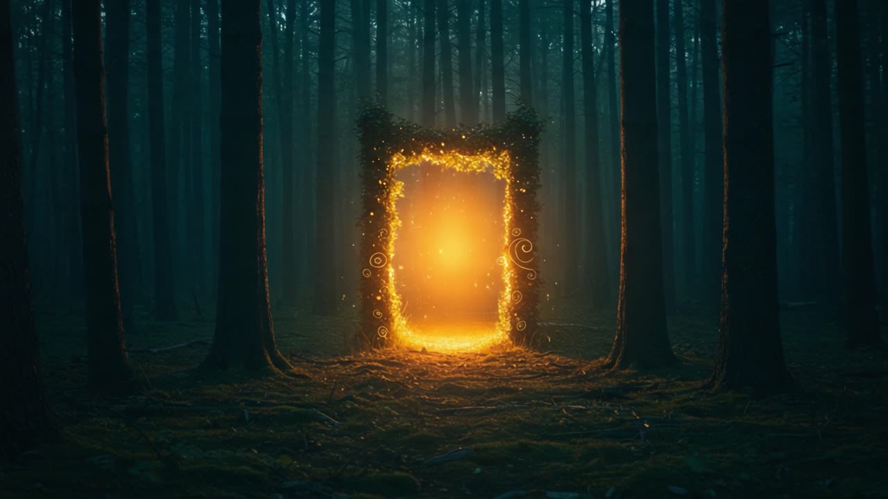 A Mysterious Portal Illuminates the Shadows of an Enchanted Forest, Inviting Exploration Beyond the Ordinary into a Realm of Wonder and Magic