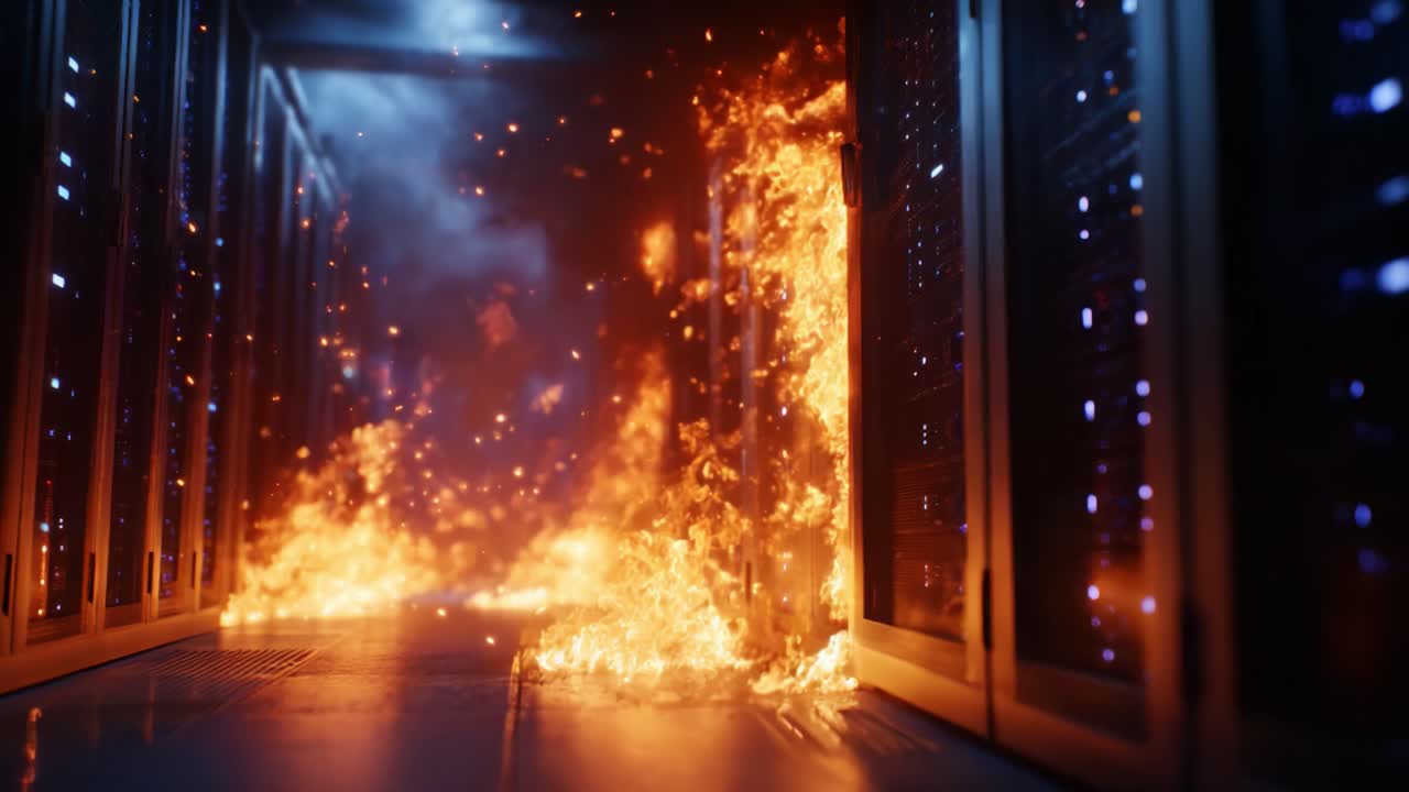 Um data center de alta tecnologia envolto em chamas, destacando o perigo de riscos de incêndio em salas de servidores e a necessidade urgente de medidas de segurança eficazes para proteger os recursos.