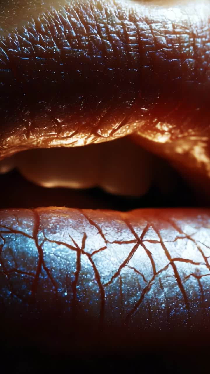 Close-Up of Cracked Lips with Dramatic Lighting: A Study of Textures, Shapes, and Natural Beauty in an Artistic Representation of Human Features