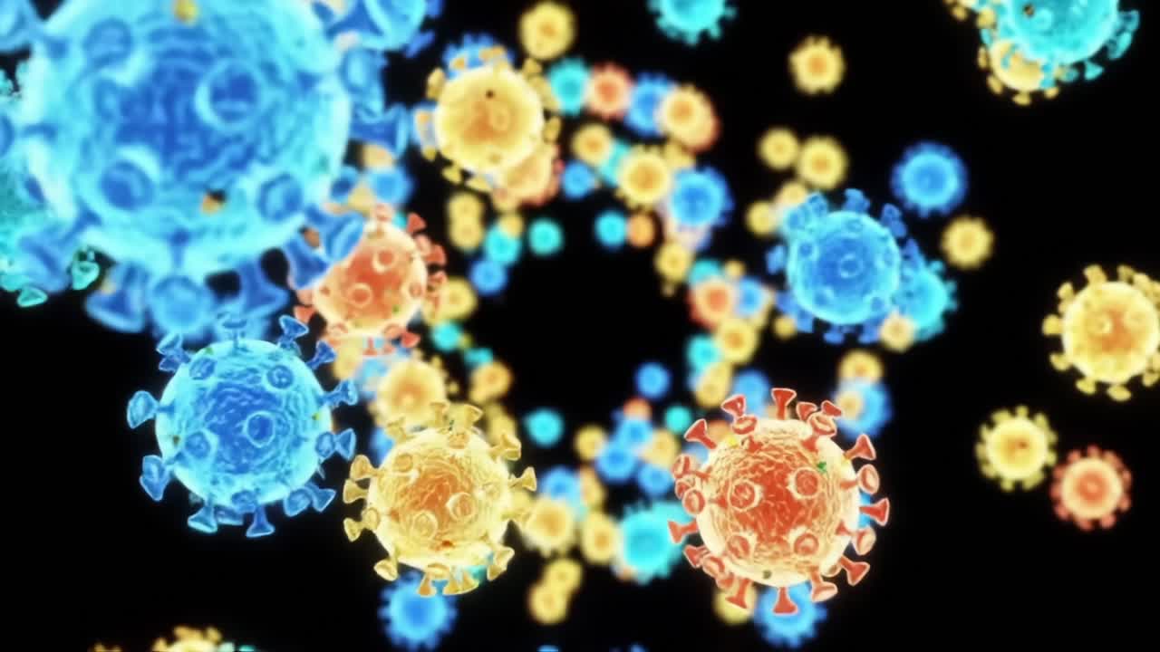 Microscopic Visualization of Vibrant Viral Structures in Motion, Showcasing Intricate Details of Cellular Shapes and Patterns Against a Dark Background