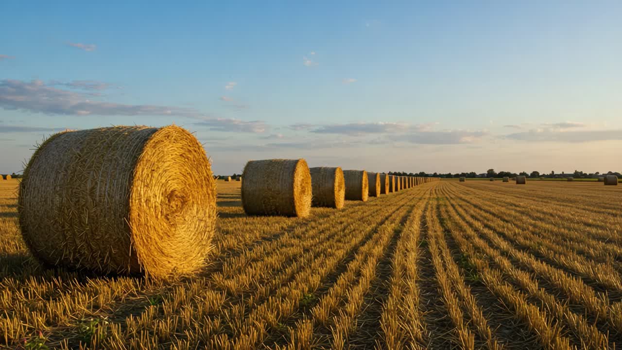 A Serene Landscape of Golden Hay Bales Under a Clear Blue Sky, Capturing the Essence of Harvest Season in a Peaceful Agricultural Field
