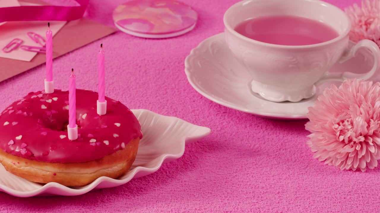 Pink Birthday Donut and Tea