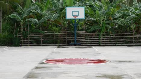 Outdoor-basketball-court-in-the-Philippines-with-a-blue-hoop,-surrounded-by-lush-greenery,-overcast-sky