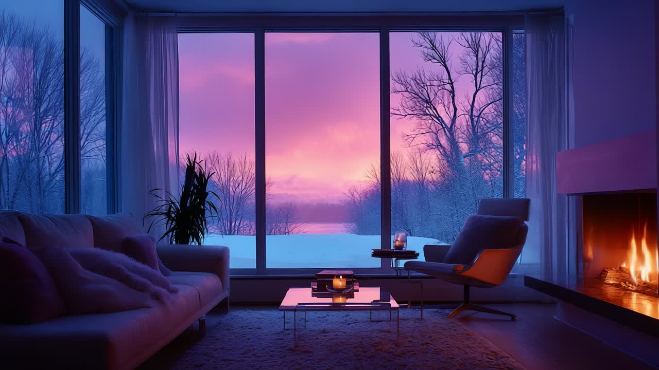 A Cozy Winter Evening Indoors: Capturing the Tranquil Beauty of a Modern Living Room with a Warm Fireplace, Inviting Sofa, and Stunning Sunset Views Framed by Large Windows Overlooking a Winter Landscape