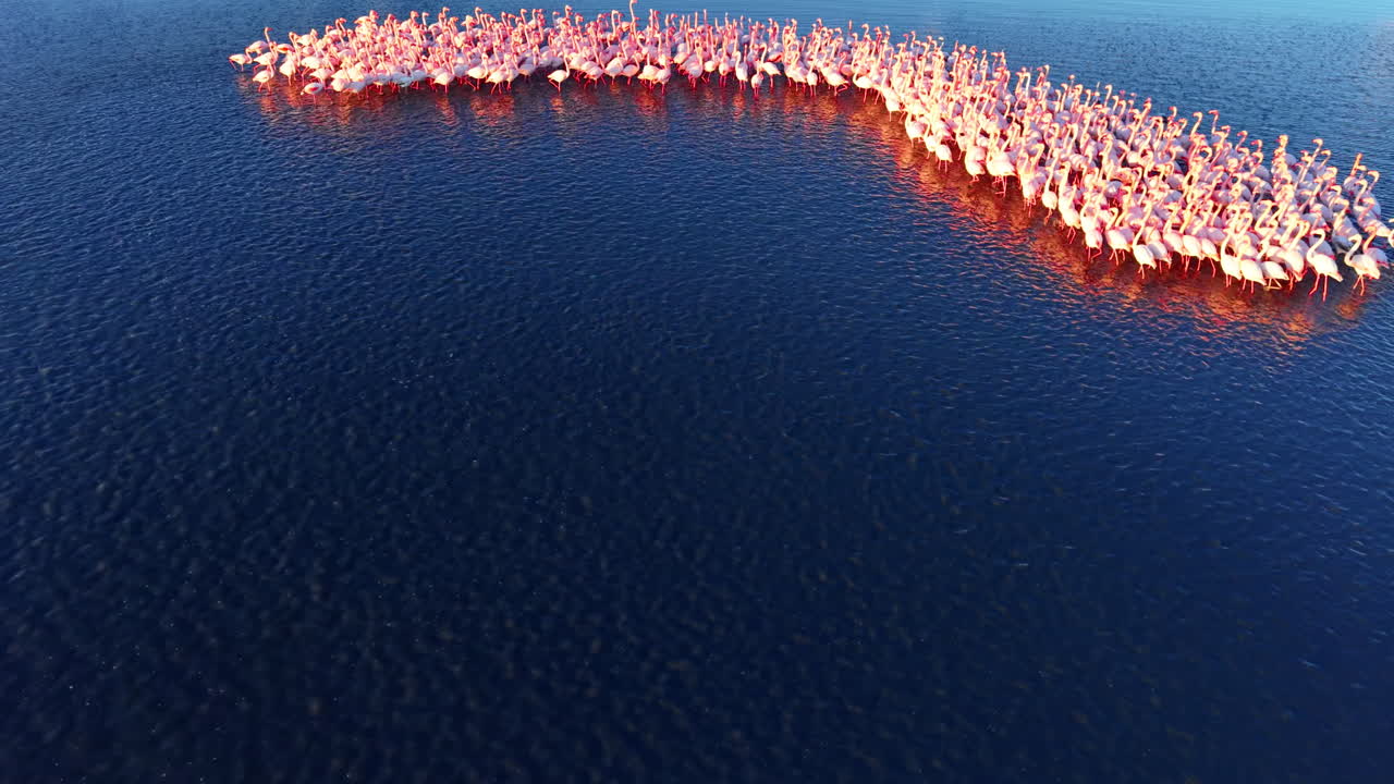Aerial view of hundreds of flamingos gathered in a large, curved formation on a vast body of water. Deep blue salt water