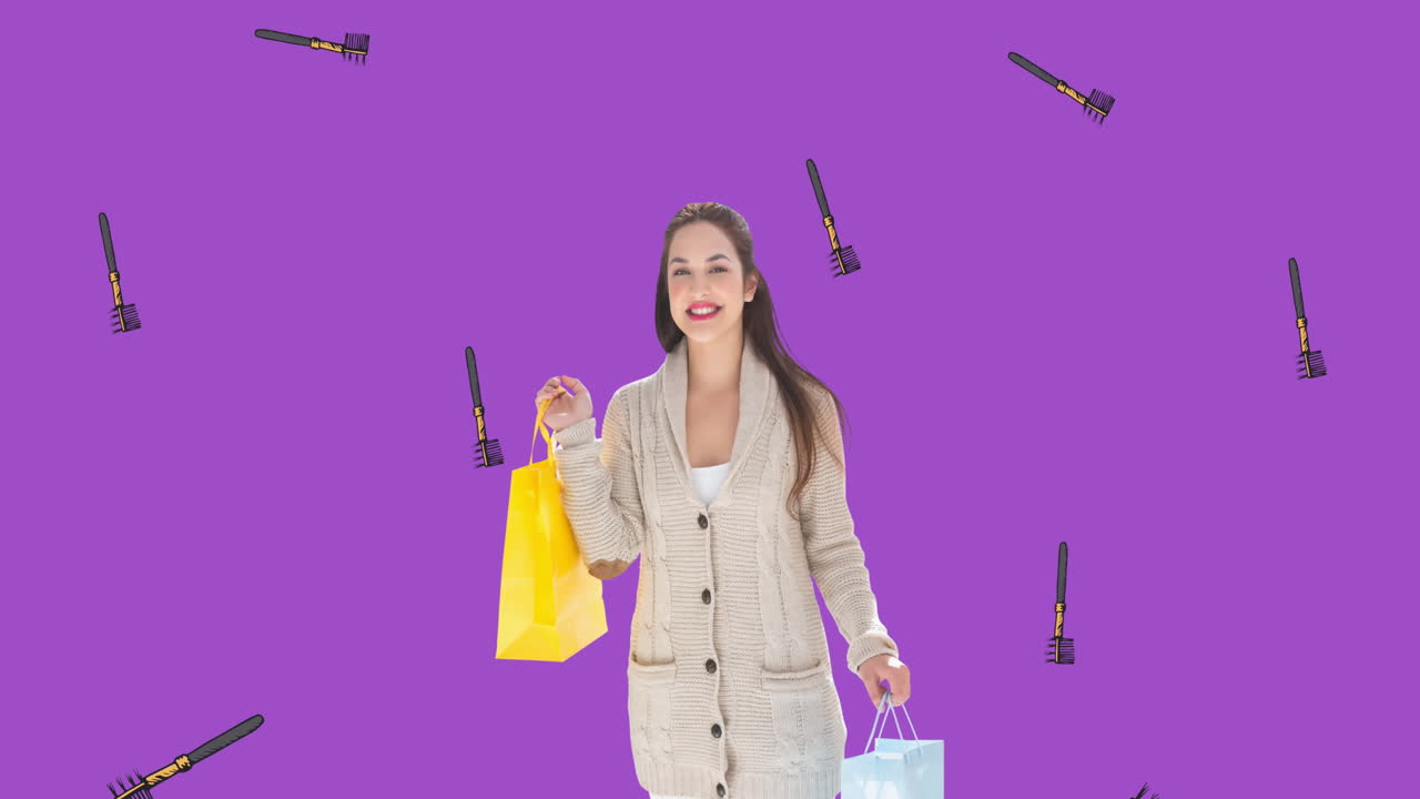 보라색 배경에 마스카라 아이콘과 모델의 애니메이션