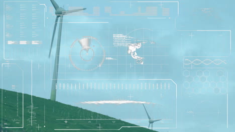 Digital interface overlay with data and analysis graphics on wind turbine