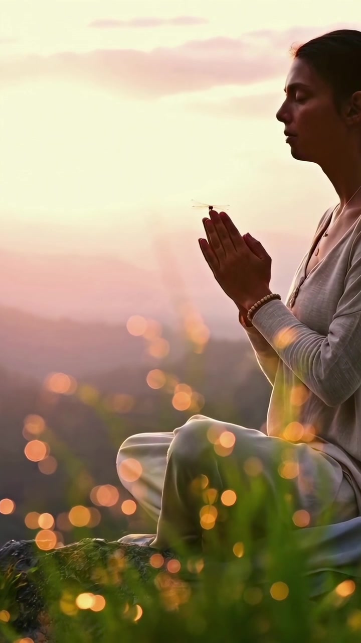 Libélula se posa en las manos de una mujer durante una meditación al atardecer