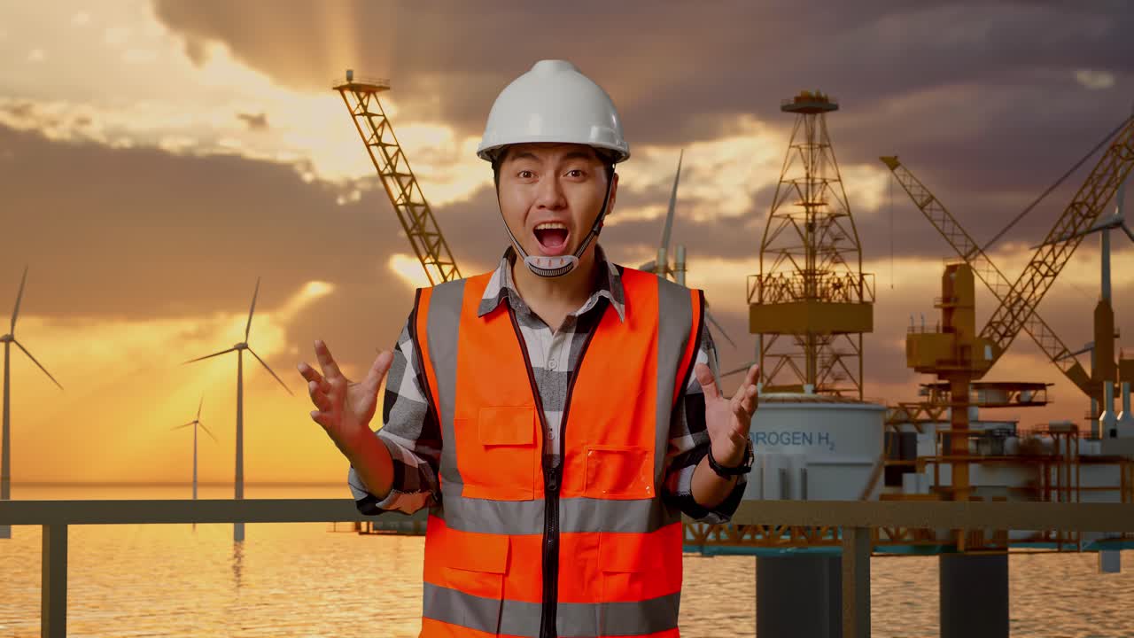 안전 헬을 입은 아시아 남성 엔지니어가 카메라에 미소 짓고 와우라고 말하면서 해상 수소 생산에 서 있습니다.