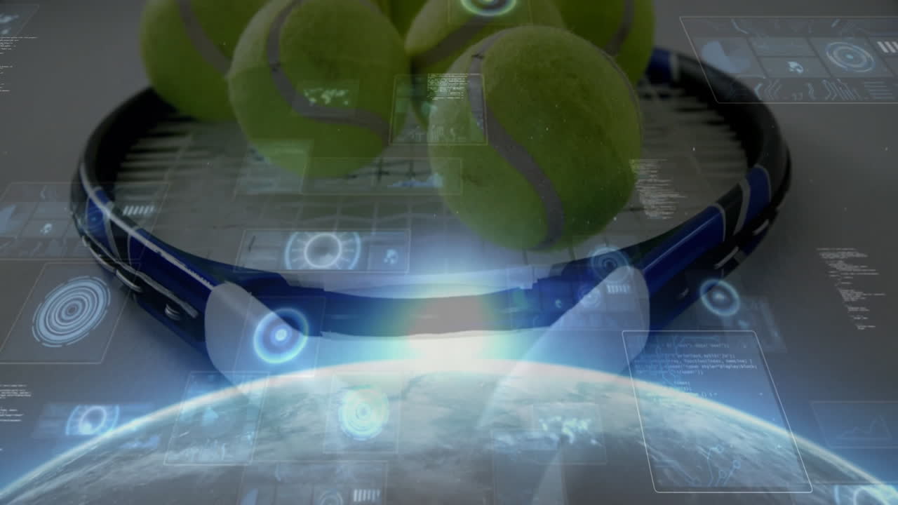 Tennis racket with three balls resting, displaying holographic Earth and floating flat design UI