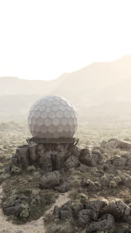 a futuristic radar dome on a rocky hilltop in a desert landscape