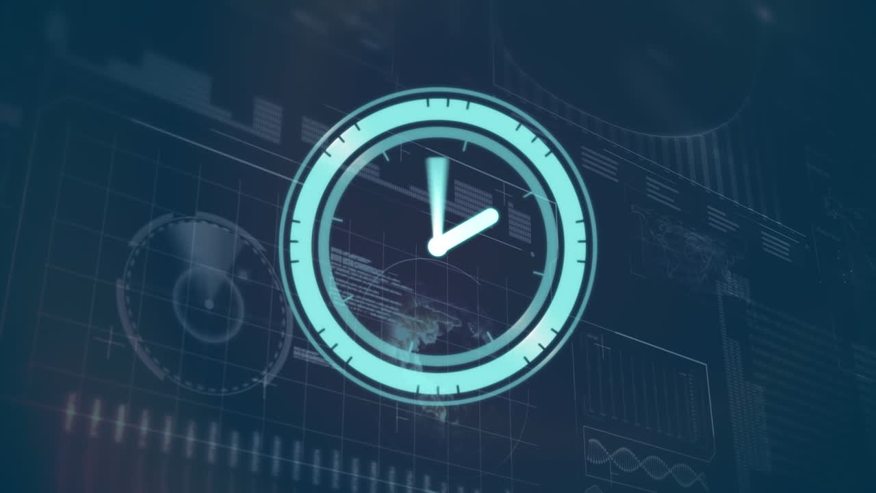 Animation of clock moving fast, data and statistics processing over screen