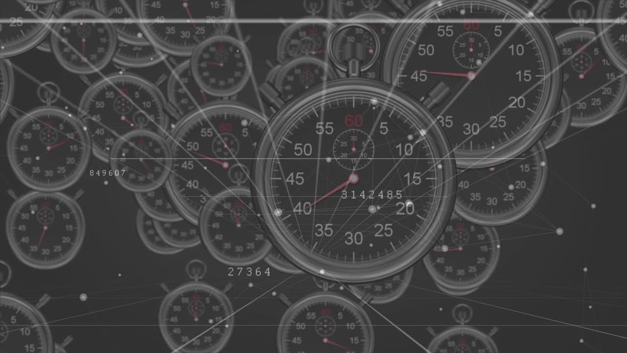 Animazione di una rete di connessioni e elaborazione dati con timer su sfondo nero