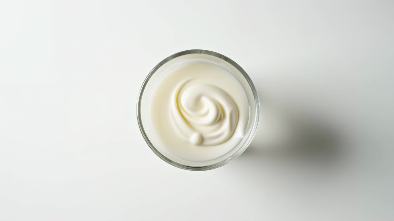 Vista aérea de cima para baixo de uma única tigela de vidro transparente com creme branco suave, espiral concêntrica visível e picos macios, colocada ligeiramente à direita do centro em uma superfície branca fosca lisa com amplo espaço vazio