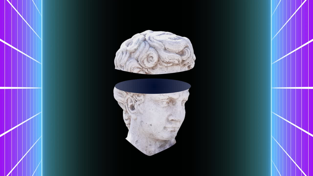 Animation of blue neon shapes moving and sculpture on black background