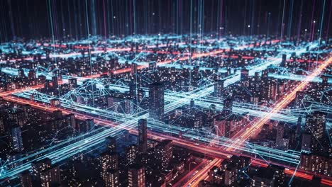 A Futuristic Cityscape Overflowing with Neon Lights and Dynamic Data Flow, Illustrating Advanced Network Connectivity and Urban Development Across an Expansive Urban Grid