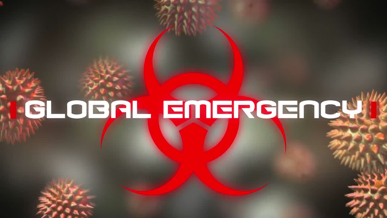 palabras de emergencia global escritas sobre el signo de peligro para la salud y células de coronavirus que se propagan en el fondo