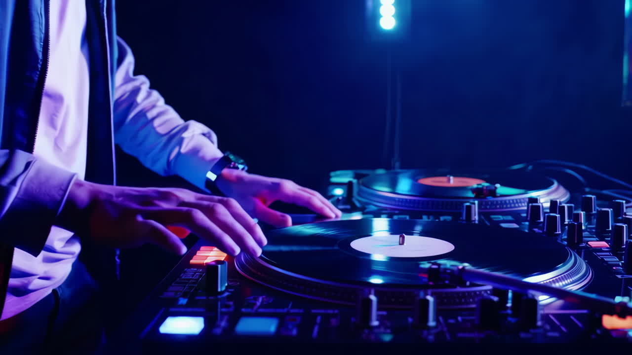 DJ's hands operating turntables and a mixer under colorful club lights