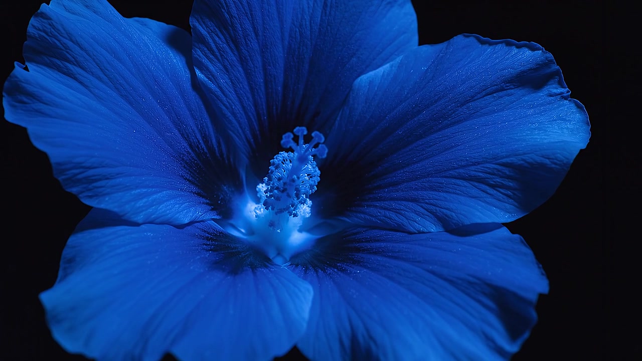 Primo piano di un fiore di ibisco blu vibrante su sfondo nero