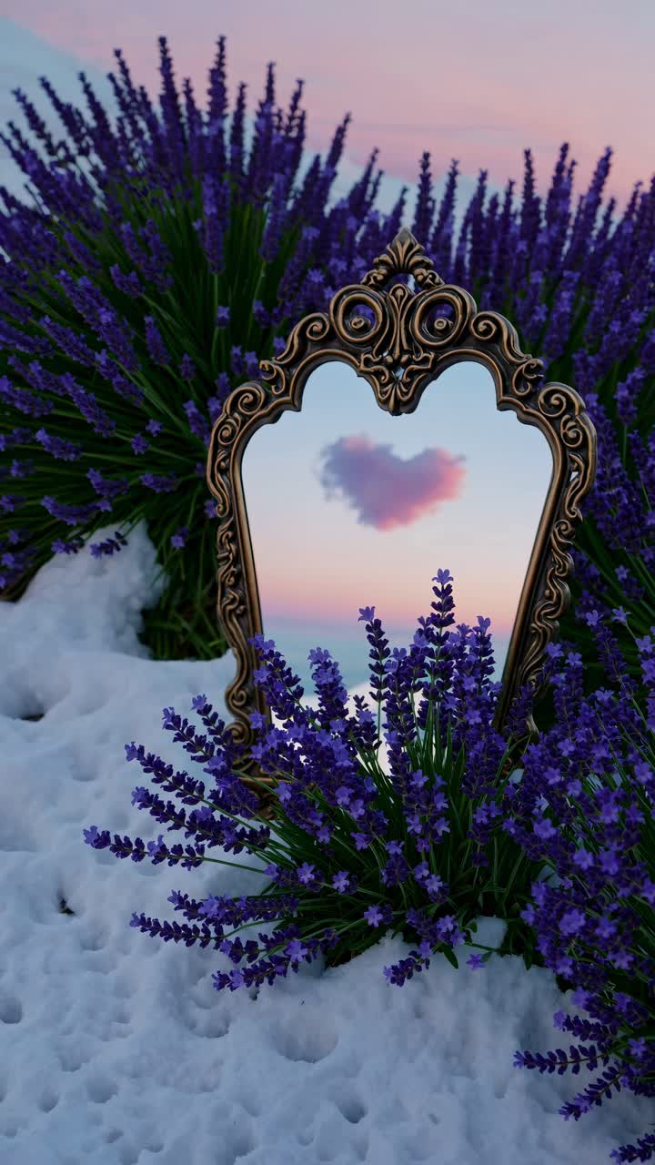 A vintage mirror reflects a pink cloud, surrounded by lavender on snow