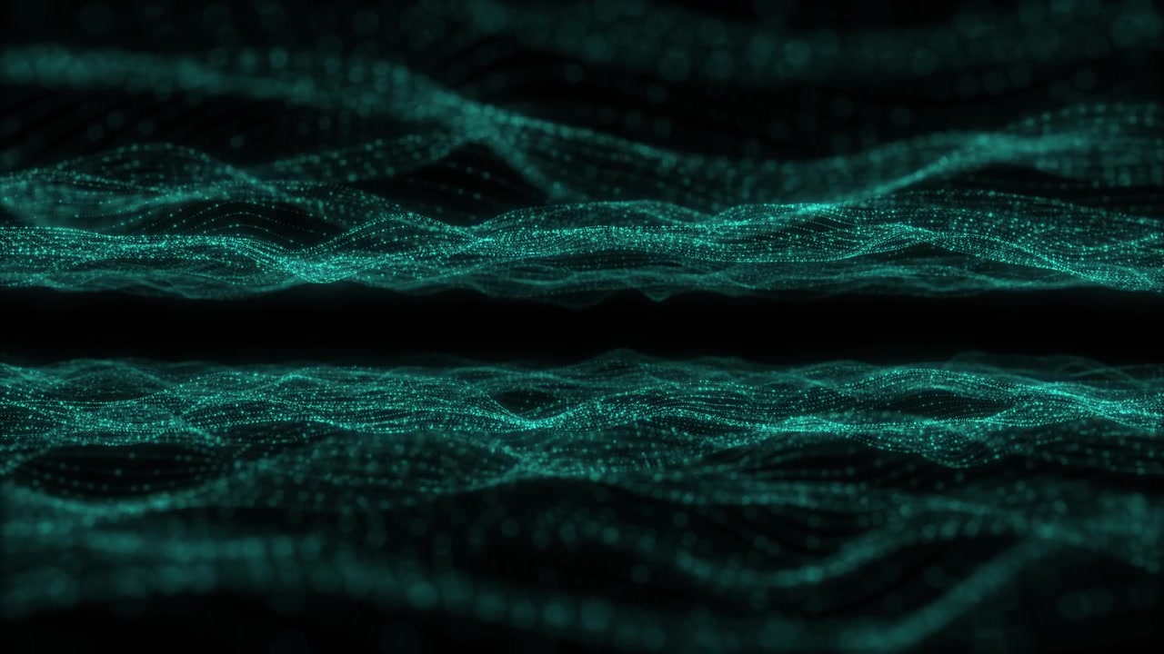 Aqua particle wave motion visual with layered dotted streams black space and soft cinematic glow