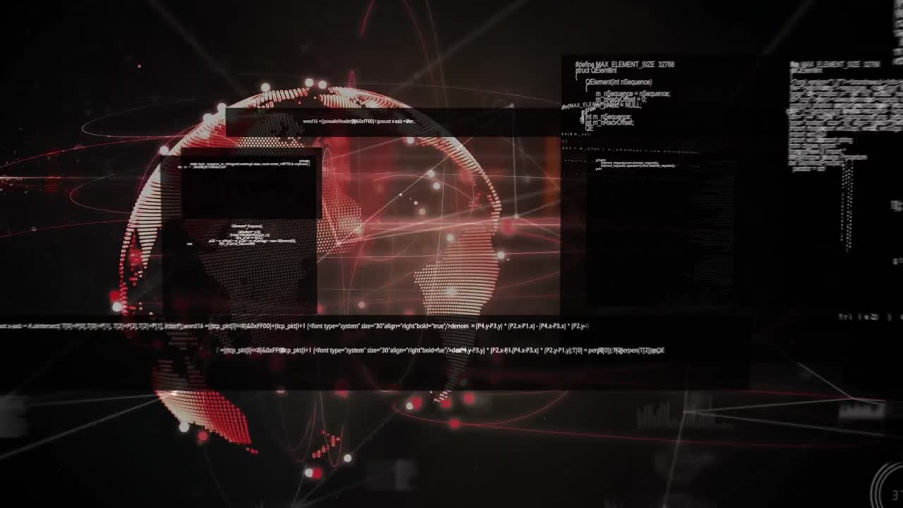 Animation of globe with information and statistics downloading on interface screens, over black
