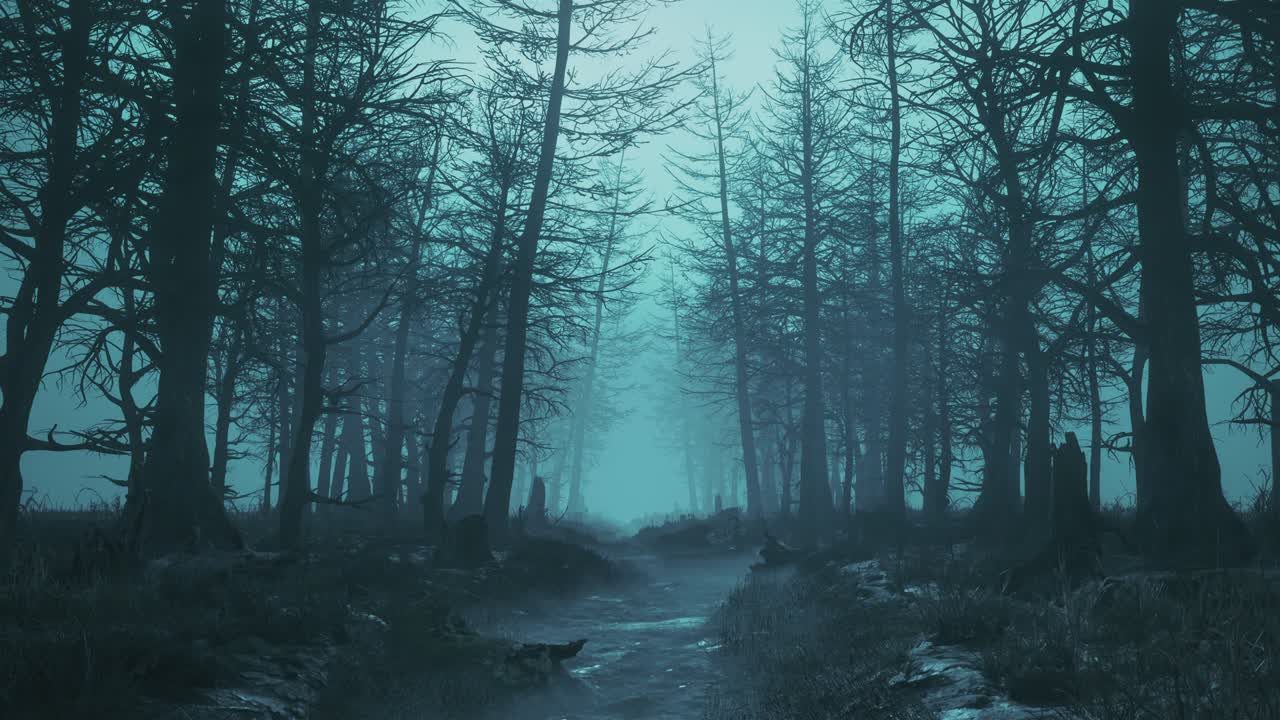 Slow loop flying through the gloomy night forest