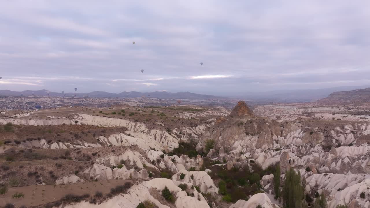 Mongolfiere sorvolano la Valle delle Rose a Göreme, Cappadocia, Turchia.