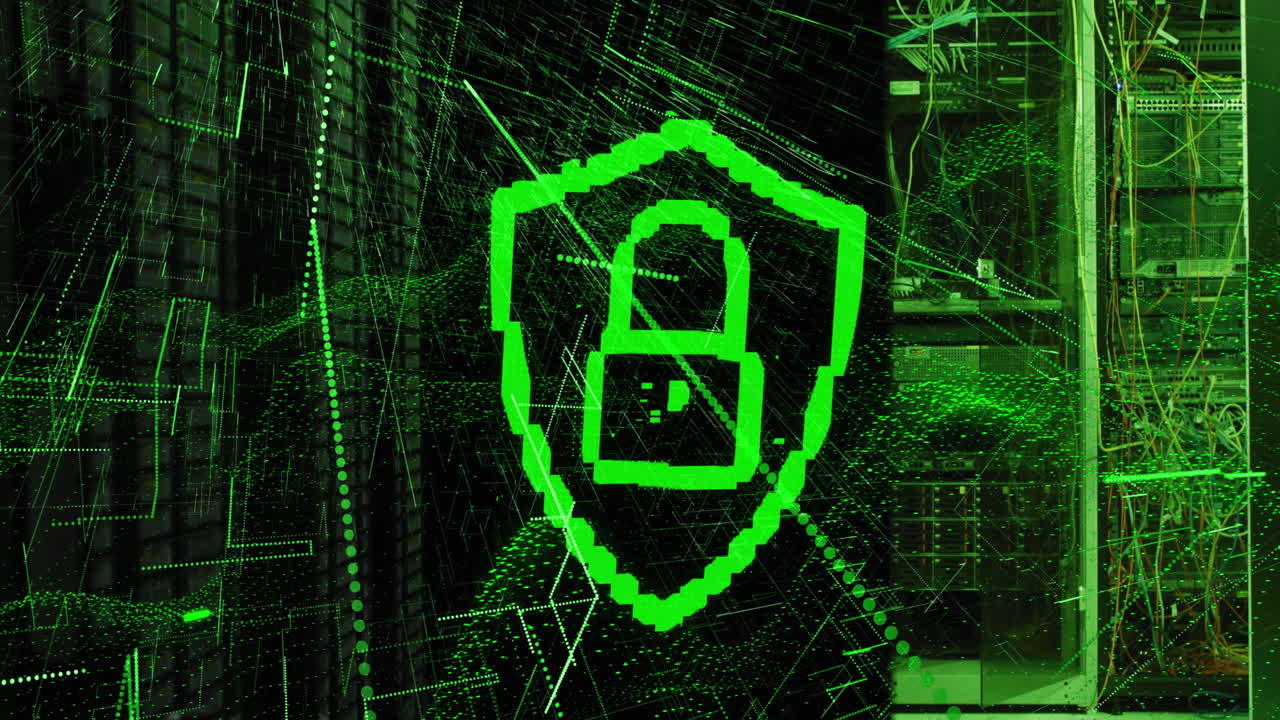 animación del icono del candado de seguridad sobre onda digital verde y rastros de luz contra la sala del servidor