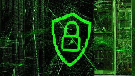 animación del icono del candado de seguridad sobre onda digital verde y rastros de luz contra la sala del servidor