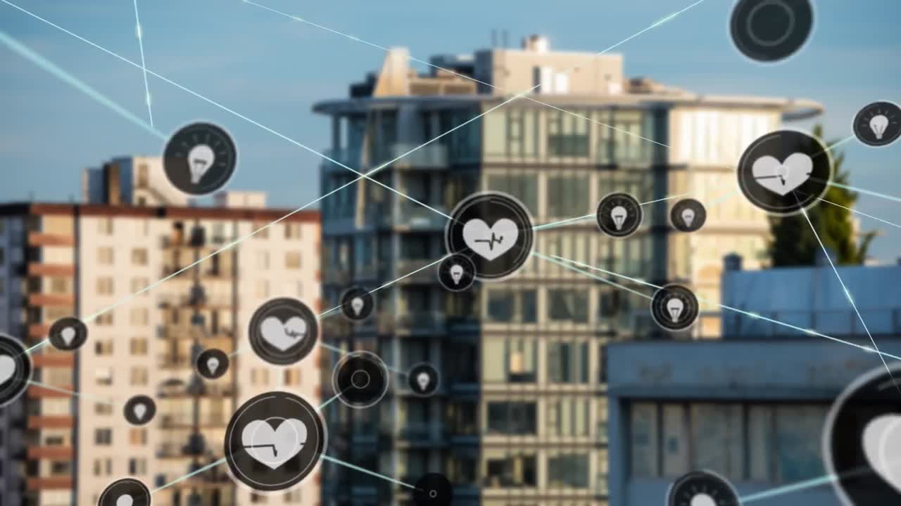 animação de rede de conexões com ícones sobre a paisagem urbana