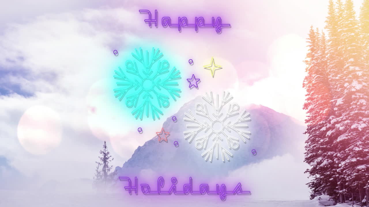 Animation of happy holidays text with neon shapes over winter landscape at christmas