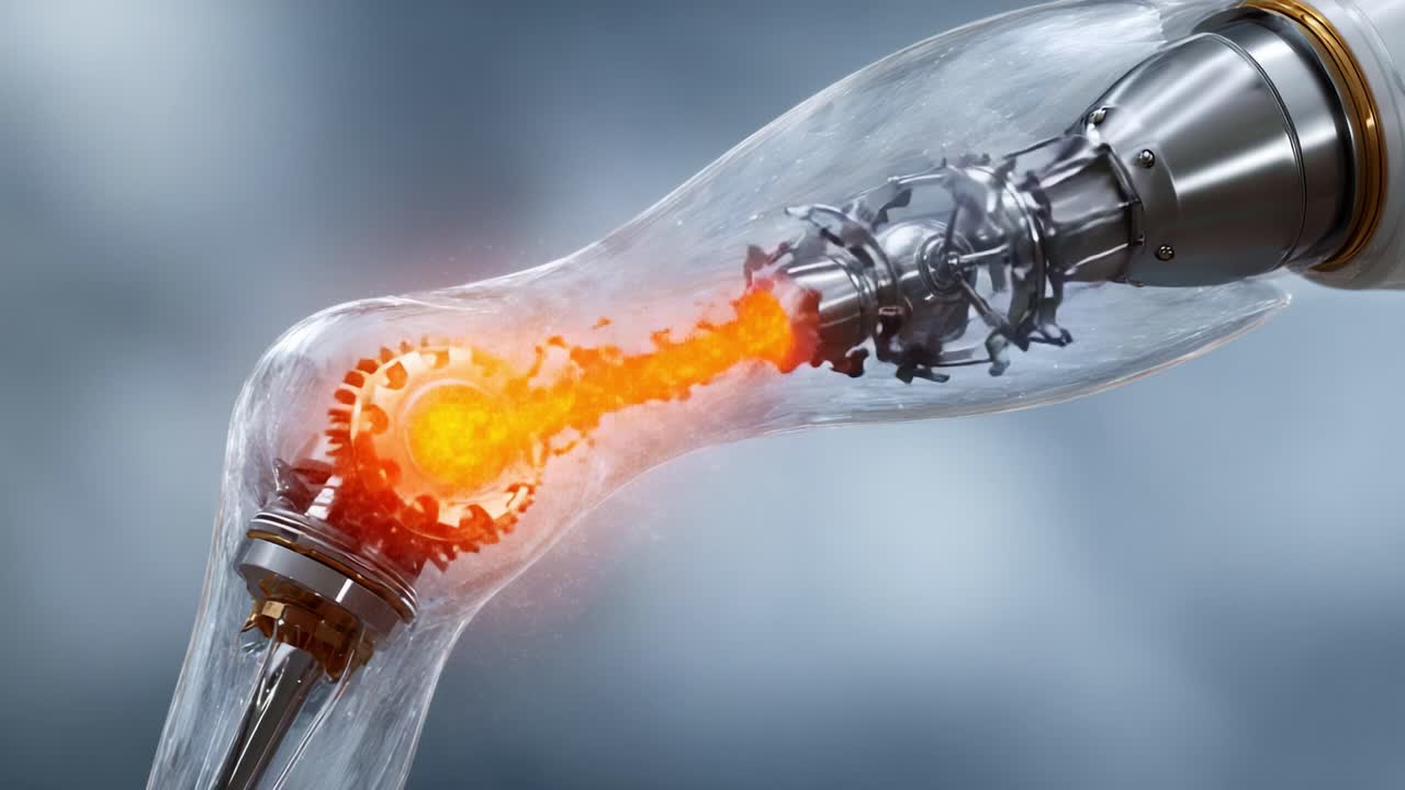 A Futuristic Robotic Arm in Action: Showcasing the Intricate Mechanics of Movement and Powering Through Explosive Energy, Blending Technology and Artistry in a Dynamic Display