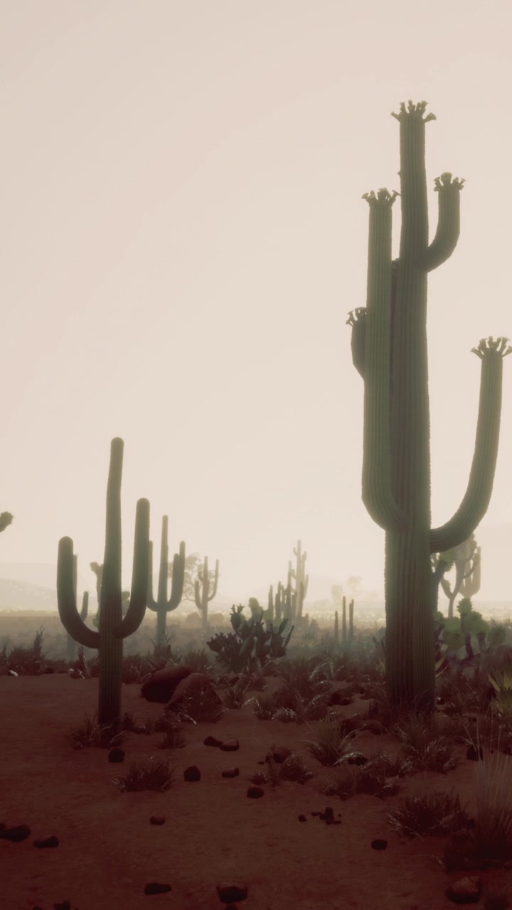 View of cacti in desert landscape during foggy morning hours in natural setting